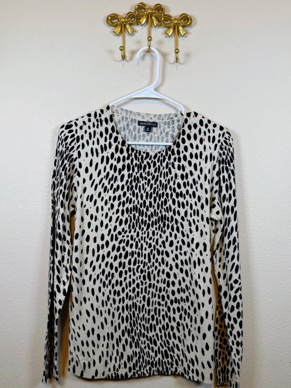 J. Crew Black and Ivory Leopard  Spotted Long Sleeve Jersey Top. Size M